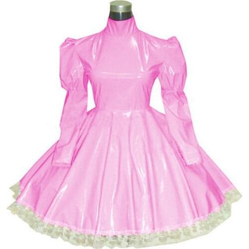 Lolita punk pink PVC Tailor-madeMaid Cosplay Fancy Dress Clubwear Long Sleeve Gothic Dress Sexy Sissy Maid Pvc Dress Uniform