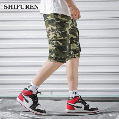 SHIFUREN Military Camouflage Shorts Men Multi-pocket Loose Causal Baggy Cargo Shorts Male Work Overalls Shorts Knee-Length