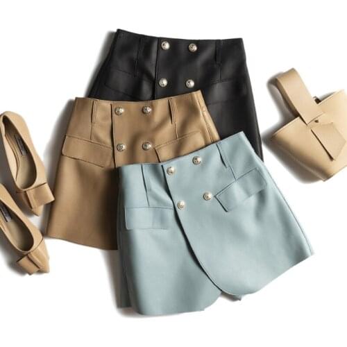 Fall/winter 2021 new sheepskin leather shorts womens wide legs A show slim high waist leather pants skirt pants casual pants