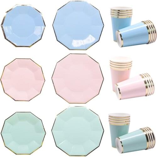 8Pcs/lot Pink Blue Paper Plates Cups Birthday Party Disposable Tableware Baby Shower Decoration Disposable Plate Party Supplies