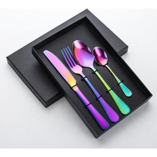 Stainless Steel Fork Spoons Knives Set 4pcs Cutlery Gold Dinnerware Set Craft Box Gift Tableware Wedding Present Kitchen