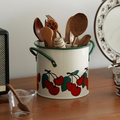 Vintage Cherries Spoon Rests & Pot Clips Kitchen Utensil Storage Boxs for Pot Chopsticks Holder with 4 Grids Metal Buckets Bins