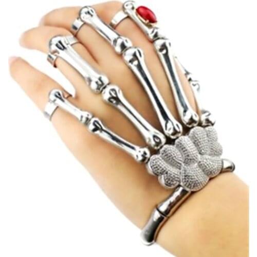 Vintage Skeletone Five Toes Punk Elastic Bangle Jewelry Hip hop Skull Bracelet with Adjustable Rings Ornament