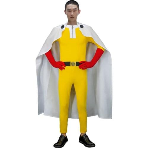 Funny Cosplay Anime One Punch Man Costume SetSaitama Cosplay Male Bodysuit Halloween Christmas Jumpsuits Outfits with Cloak