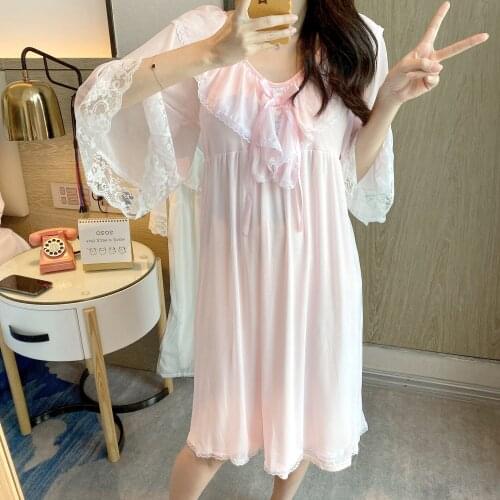 Womens Summer New Trumpet Sleeve Sexy Nightdress with Mesh Lace Stitching Modal Court Style Nightgown with Bra Homewear