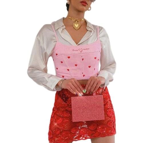 Women’s Fashion Heart Print Camisole Summer Sexy Square Collar Exposed Navel Suspender Tops