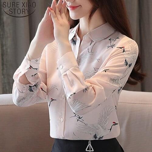 New Autumn Long Sleeve Pink Ladies Tops Round Collar Print Chiffon Blouses Full Regular Office Lady Women Blouses 5708 50