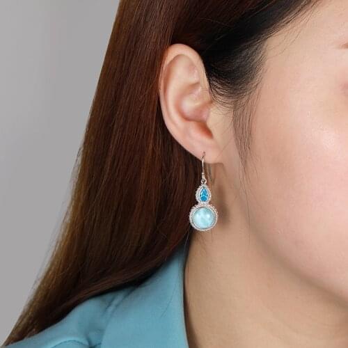 Natural Precious Larimar Earrings for Women Fashion Geometric Round Charm Crystal Topaz 925 Sterling Silver Jewelry Gift Classic