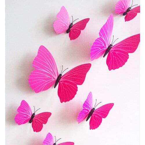 12pcs/set Single layer Wing 3D Artificial Butterfly Magnet Fridge Decor Wall Stickers with Glue Home Party New Year Decoration