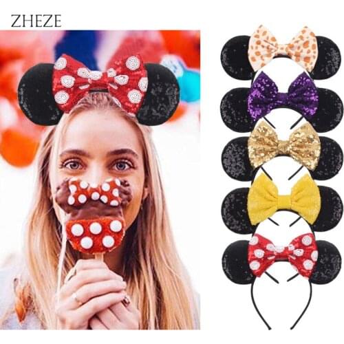 2021 New Arrivals Sequins Mouse Ear Head Hoop 5" Bow Birthday Party Hairband Girl DIY Princess Headband Hair Accessories Mujer