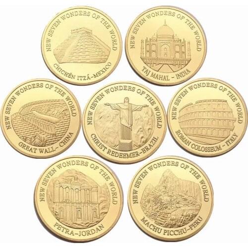 7PCS/SET Seven Wonders of the World Cultural Collection Gold Coin China Great Wall/Colosseum Coin/Pyramid Gift Replica Coins