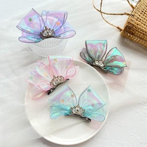 Boutique 12pcs Fashion Glitter Tiaras Bow Hairpins Rhinestone Crown Glossy Tulle Bowknot Barrettes Princess Headwear for Girls