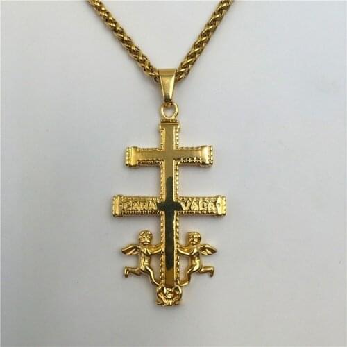 Hip Hop Gold Color Angel Cross Necklace Pendants For Men Women Goth Jewelry With Long Link Cain Free Shipping
