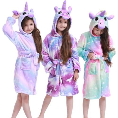 Children Bathrobe for Girls Kigurumi Unicorn Pyjamas Kids Colar Fleece Boys Bathrobes Nightgown Baby Sleepwear Hoodie Bath Robe