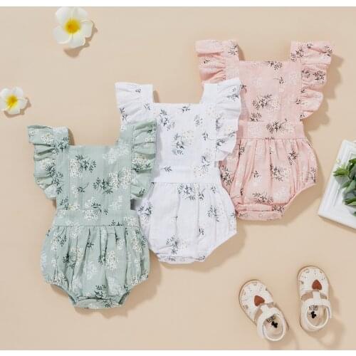 Summer Baby Girls Sweet Ruffles Square Neck Fly Sleeve Romper Fashion Flower Print Bandage Backless Jumpsuits