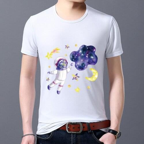 Classic Mens T-shirt Street Style Cartoon Astronaut Pattern Printing Top Fashion All-match O-neck Mens Short-sleeved T-shirt