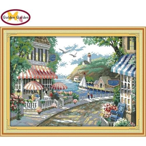 NKF The Seaside Cafe Stamped Cross Stitch Pattern DIY Kit Needlework Embroidery Set Chinese Cross Stitch for Home Decor