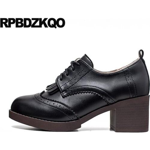 Brown Retro Tassel Pumps Size 4 34 Shoes Medium Heels Round Toe High Black Women Thick Vintage 2021 Chunky Brogue Lace Up Oxford