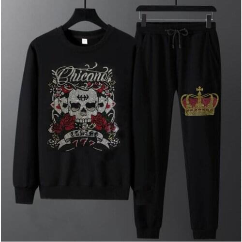 Top quality Flower and skull cool Fashion brand hot drill long sleeve tracksuit handsome two piece suit slim casual mens suit