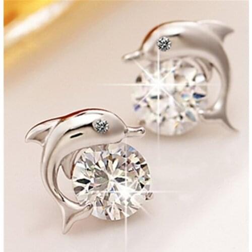 Cute Romantic Dolphin Love Cute Stud Earrings For Women 2020 High Quality 925 Sterling Silver Round Cut AAA Zircon Brinco Bijoux