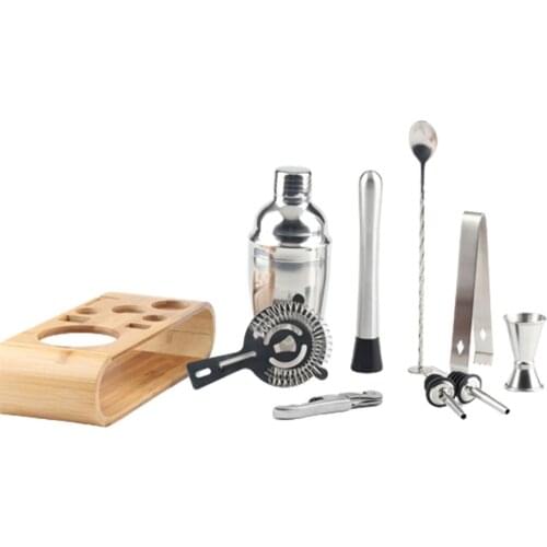 10 Piece Set Stainless Steel Cocktail Set Bar Bartending Tool Barware Set Shaker Set with Wooden Rack