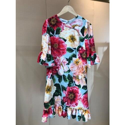 New ladies fashion 2021 mid-sleeve round neck printed silk dress 1219
