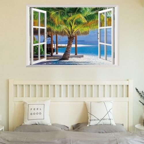 New 3D fake window beach coconut landscape wall sticker living room bedroom self adhesive decorative painting