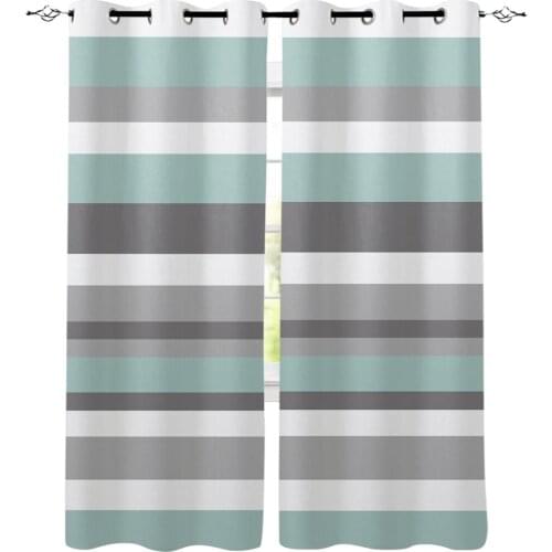 Blue-Gray Stripes Window Curtains LivingRoom Kitchen Curtains Left and Right Biparting Open