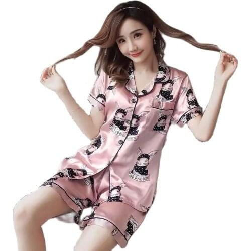 Summer ice silk sweet and cute thin ladies sexy home wear twopiece shortsleeved pajamas womens Comfortable loose female pants