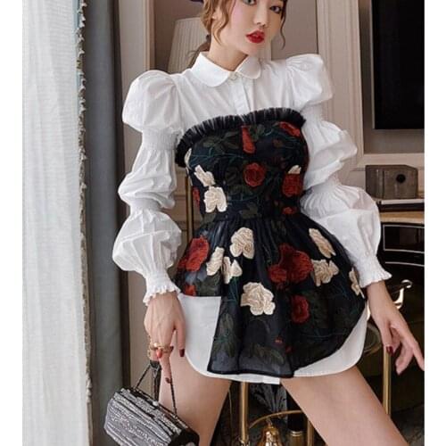 XUXI Straight Top, Sexy Mesh Embroidery, Pleated Sleeve Shirt, Light White, Suitable For Spring And Autumn, 2021, E226