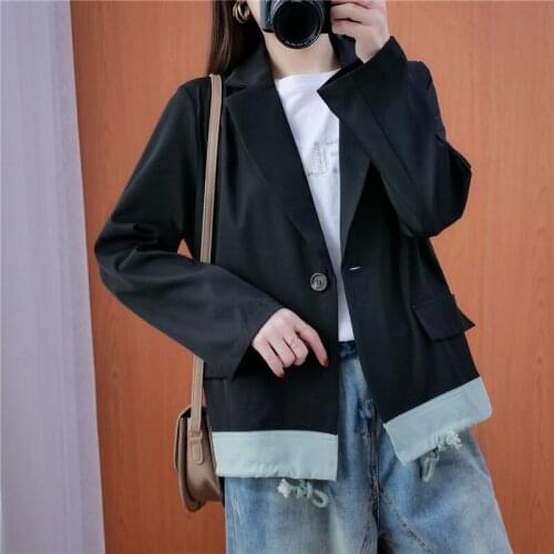 Plus Size Womens Long Sleeve Suit Jacket Spring Fall Loose Korean Stitching Contrast Color Drawstring Casual Cardigan Top Y1385