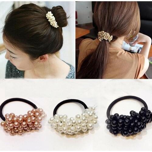 Women Hair Accessories Pearls Beads Headbands Ponytail Holder Girls Scrunchies Vintage Elastic Hair Bands Rubber Rope Headdress