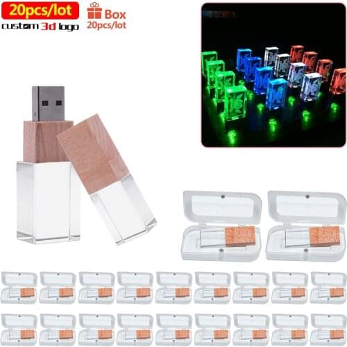 20pcs/lot transparent glass crystal usb flash drives usb 2.0 4GB 8GB 16GB 32GB 64GB with LED light pen drive for photography