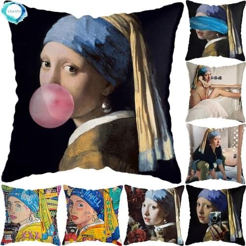 European Girl Pearl Earrings Bubble Retro Painting Pillow Covers Nordic Cushion Cover Home Decoration Pillow Covers Living Room