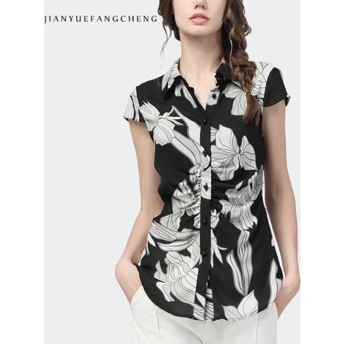 Vintage Womens Floral Shirt Elegant Slim Shirred Single-Breasted Top 2021 Summer New Short Sleeve Turn-Down Sleeve Tops Blouses
