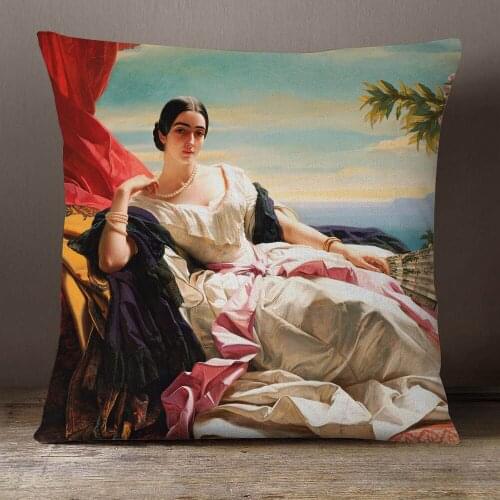 World Famous European Royal Elegant Lady Portrait Oil Painting Cushion Cover Neoclassic Decoration Pillowcase 45X45cm Sofa Decor