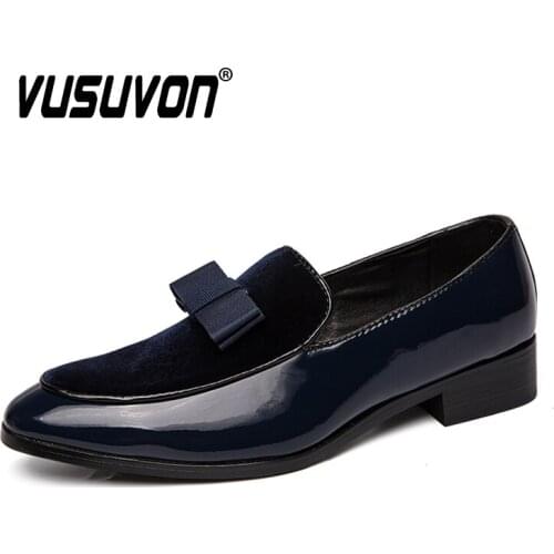 VUSUVON Men Formal Shoes Bowknot Wedding Dress Gents Flats Casual Shoes Black Blue Patent Leather Slip On Suede Loafers Men Shoe
