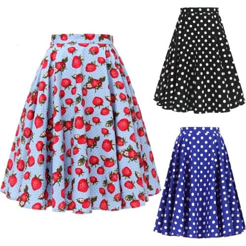 Summer fruit blue Strawberry print tunic midi 50s 60s swing skirts high waist vintage pin up rockabilly women skirt plus size