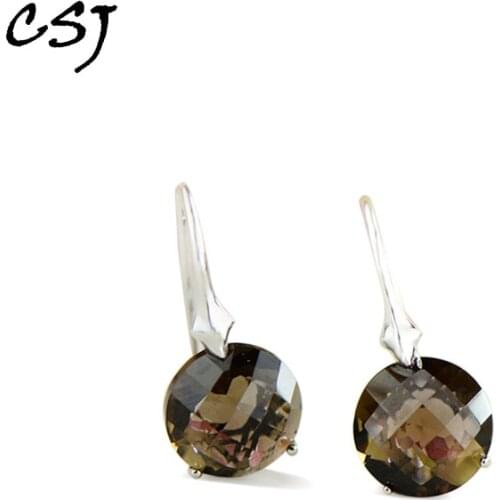 CSJ Natural smoky quartz gemstone Earring Sterling 925 Silver Fine Jewelry For Women Lady or mother Party Gift Box