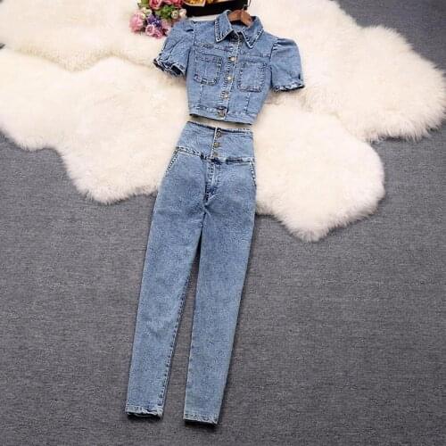 New 2021 Summer Spring Women Short Sleeve Denim Streetwear Jacket+ Jeans Long Trousers High Waist Fashion Two-Piece Sets