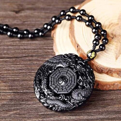 1Pcs Black Obsidian Carving Dragon and Phoenix Necklace Men Necklace Pendant For Women Obsidian Lucky Pendants