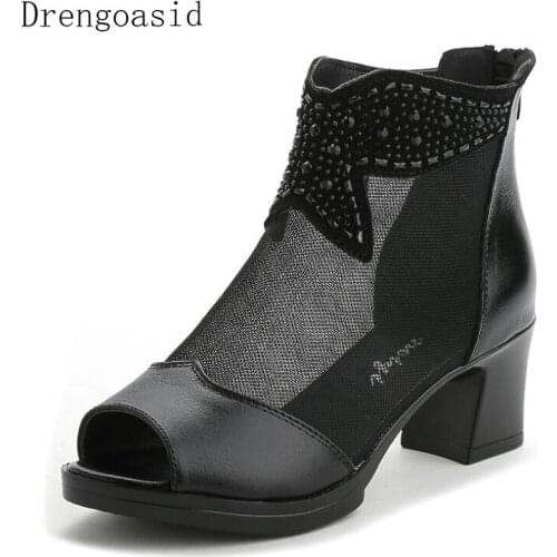 2019 New Breathable Cool Boots Summer Fashion Sandals Mesh Cow Leather Thick Heel With Rhinestone Fish mouth womens sandals