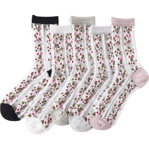 5 pairs Summer thin mid tube socks, flower bud silk socks, fashion, transparent and breathable womens Cass crystal socks