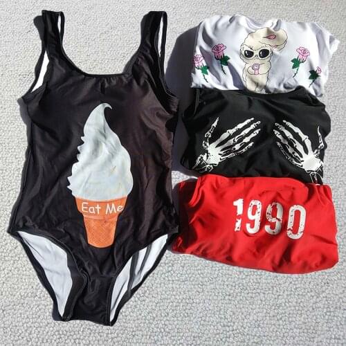Brand Summer Girl Sexy One Pieces Swimwear Cartoon / Skull Hand / Ice Cream /1990 Sport Women Swimsuit Hot Wire Free Beach Wear