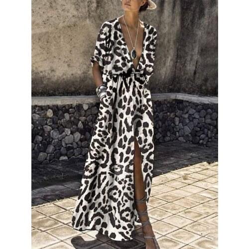 Leopard Print Long Dresses Women Party Split Dress Long Sleeve Casual Dresses Elegant Maxi Dresses Beach Robe 2021