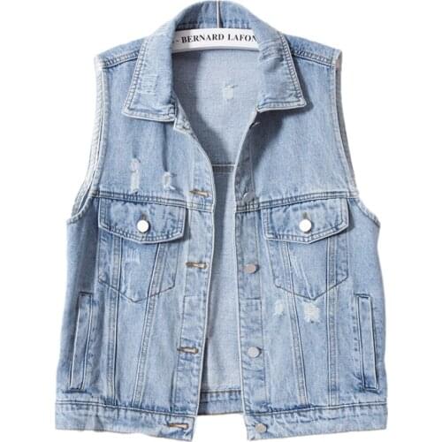 Spring Autumn Wild Hole Denim Vest Women Fashion Lapel Sleeveless Jacket Female Vintage Loose Jeans Waistcoat Casual Coat G1080