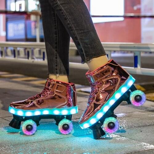 Flash Skates 4-Wheel Roller For Adult Kids USB Recharge Sneakers Roller Skates Hockey Double-Row Pulley Shoes Men Women Light