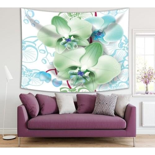 Tapestry Orchid Flowers Blooms on Floral Background Soft Colors Decorative Artwork Printed Blue Green