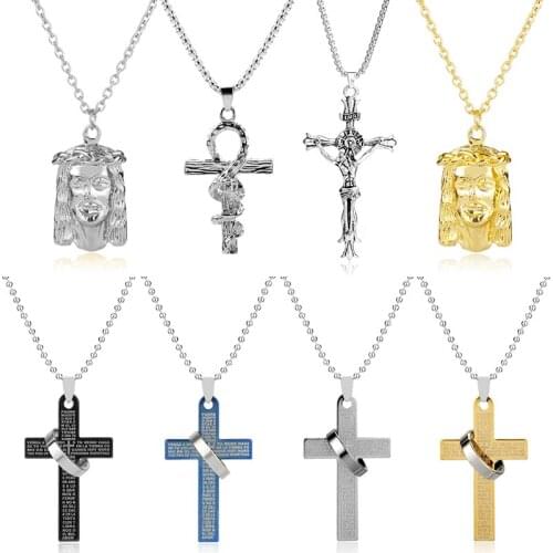 HEYu Jesus Piece Pendants Necklaces Cross Round Pendant Stainless Steel Jewelry Bling Chain Men 's Necklace