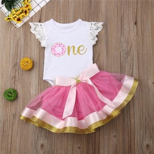 0-24M Newborn Toddler Baby Girl Clothes Set One Letter Print Lace Short Sleeve Romper Top+Lace Tutu Tulle Skirt Outfits Set